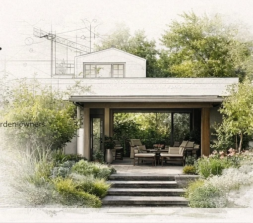 Modern garden terrace with soft planting and architectural sketch overlay