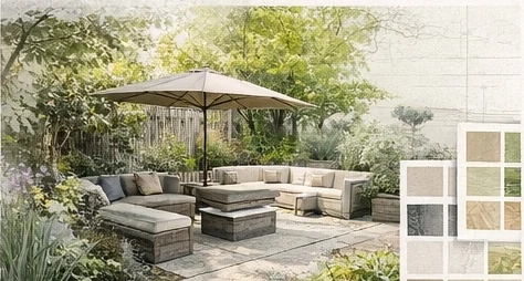 Garden lounge with planting and material palette